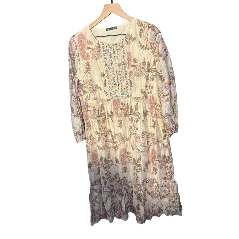 Anewsta Paisley Floral Crinkle Midi Dress Cream Boho Embroidered Sequin Small